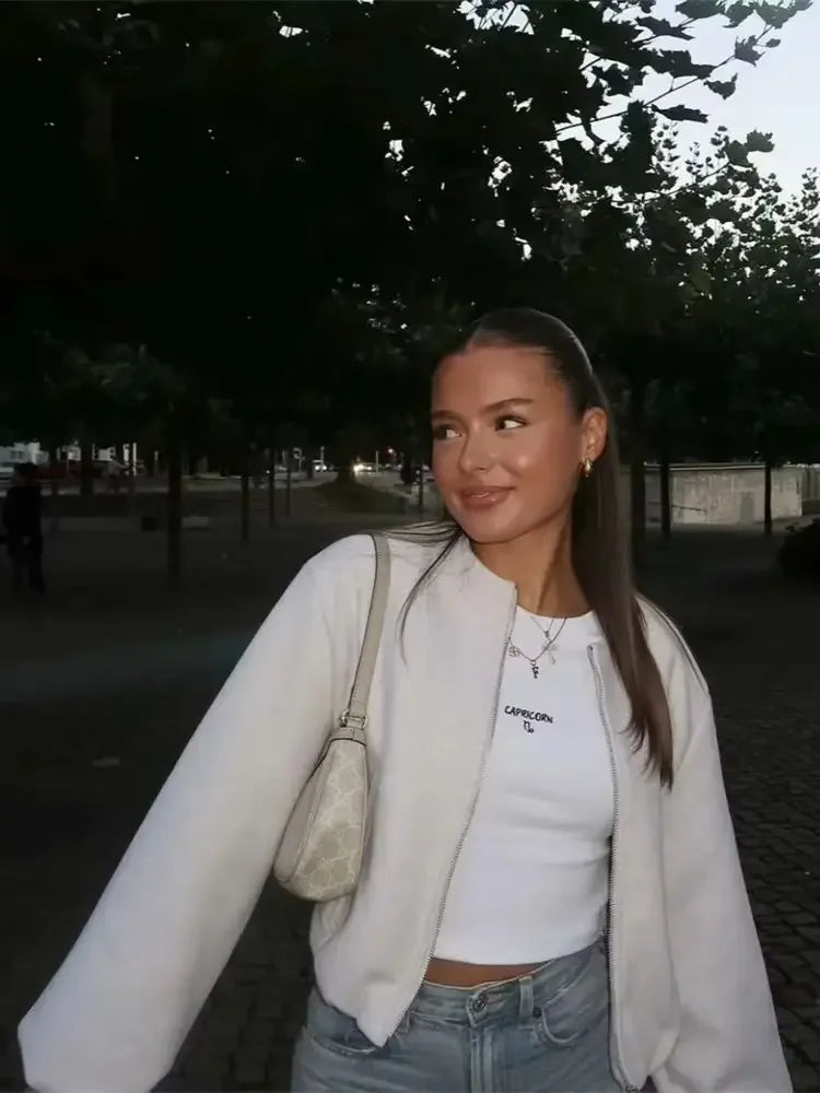 Ladies Fashion Autumn Winter Jacket Women Retro Round Neck Long Sleeve Elastic Hem Zipper Soft Bomber Jacket Women Coat Female